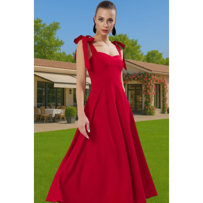 Feminen A Kesim Midi Abiye Elbise Polyester Elastan Dokuma Kumaştan Günlük Kullanım İçin