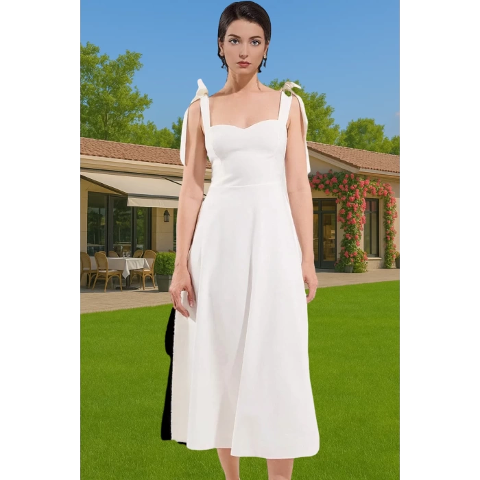 Feminen A Kesim Midi Abiye Elbise Polyester Elastan Dokuma Kumaştan Günlük Kullanım İçin
