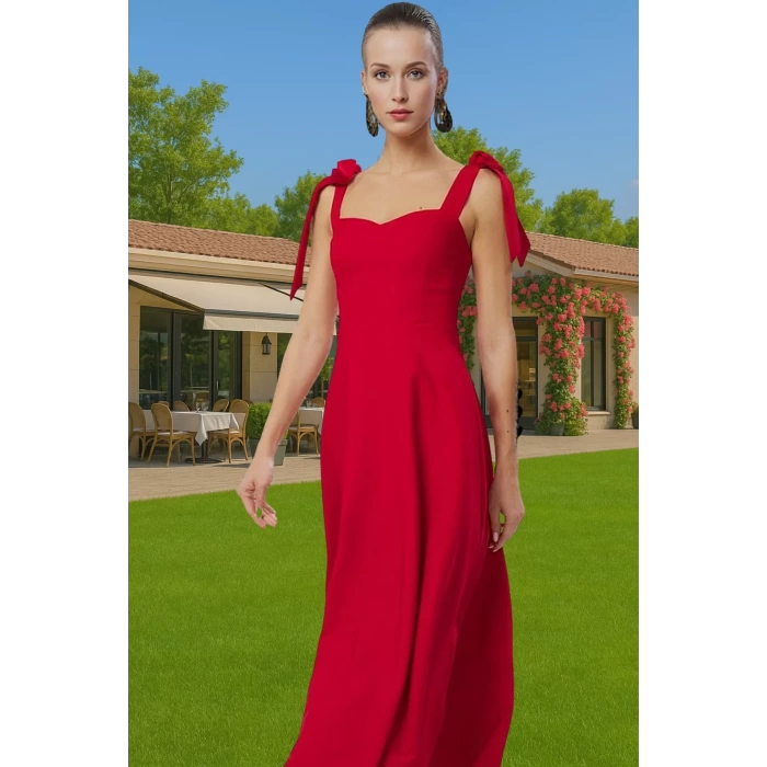 Feminen A Kesim Midi Abiye Elbise Polyester Elastan Dokuma Kumaştan Günlük Kullanım İçin