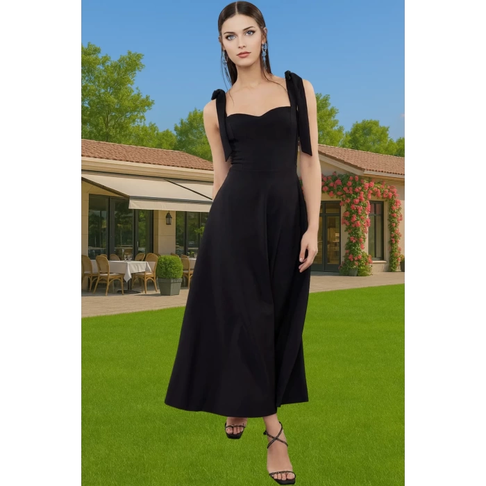 Feminen A Kesim Midi Abiye Elbise Polyester Elastan Dokuma Kumaştan Günlük Kullanım İçin