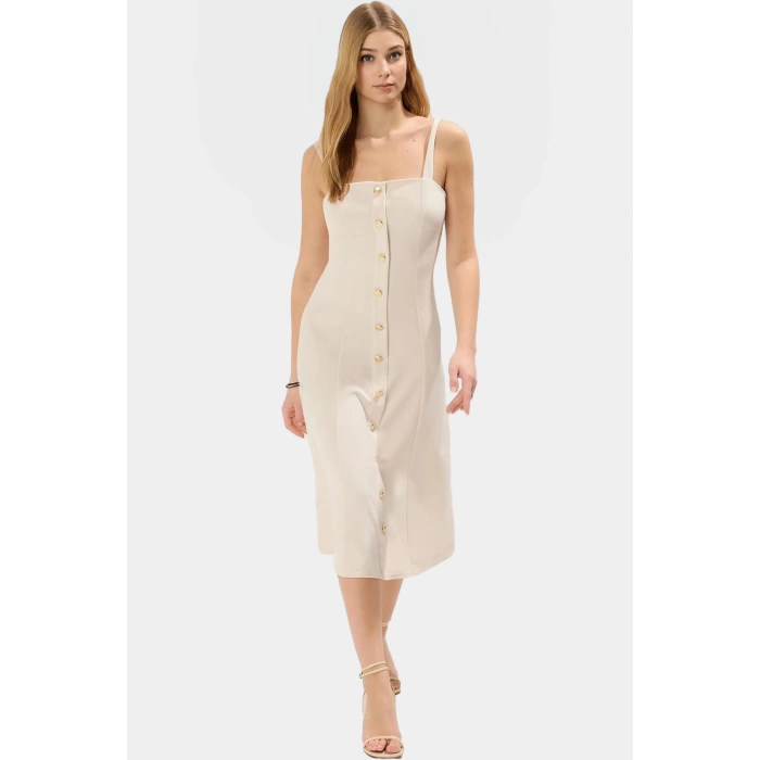 Feminen A Kesim Midi Elbise 87% Polyester 13% Elastan Dokuma Kumaş Özel Tasarım Konforlu