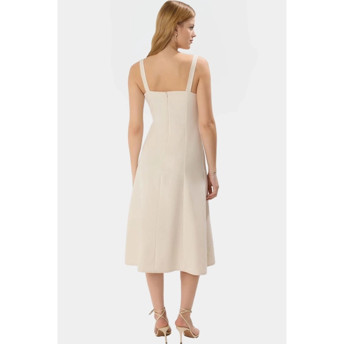 Feminen A Kesim Midi Elbise 87% Polyester 13% Elastan Dokuma Kumaş Özel Tasarım Konforlu