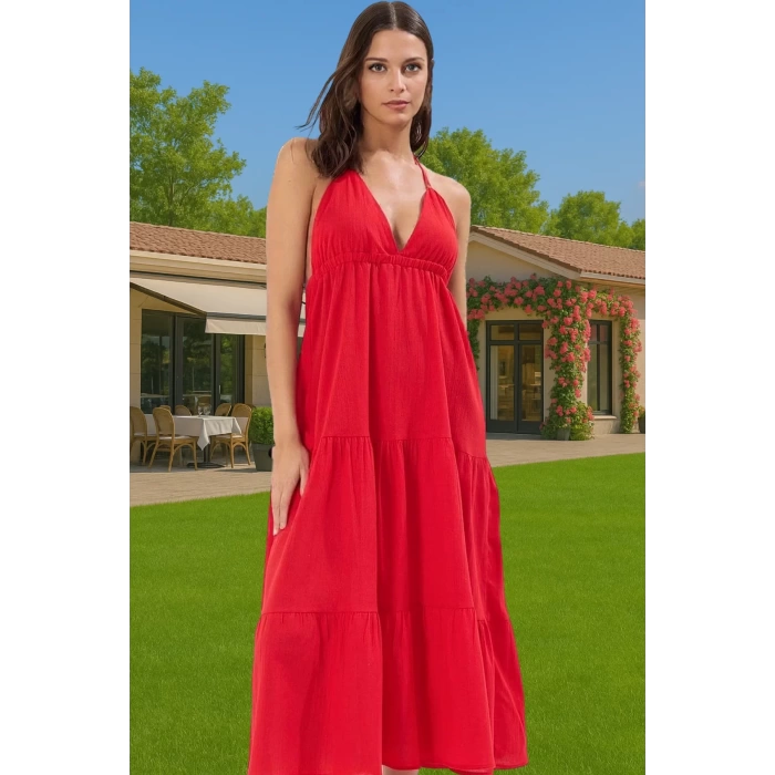 Feminen A Line Maxi Elbise Pamuk Viskoz Crinkle Dokuma Yazlık Özenle Seçilmiş Premium Kalite