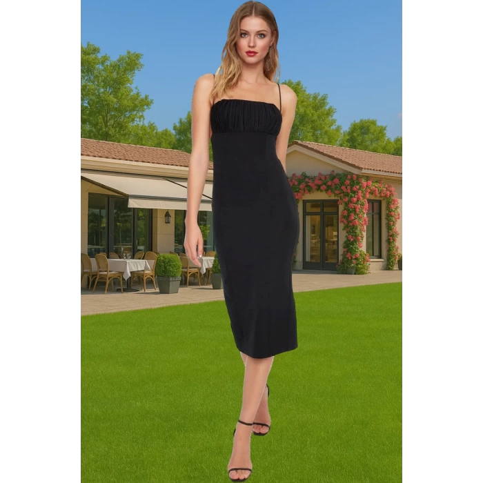 Feminen Bodycon Midi Abiye Elbise Polyester Elastan Kumaş Yazlık Seçkin Malzeme Premium Kalite
