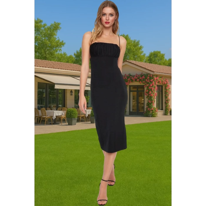 Feminen Bodycon Midi Abiye Elbise Polyester Elastan Kumaş Yazlık Seçkin Malzeme Premium Kalite