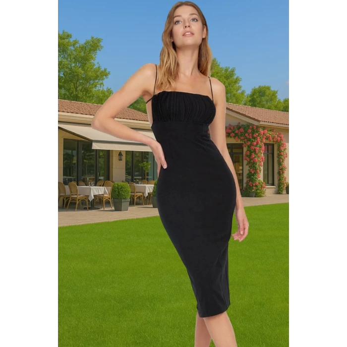 Feminen Bodycon Midi Abiye Elbise Polyester Elastan Kumaş Yazlık Seçkin Malzeme Premium Kalite