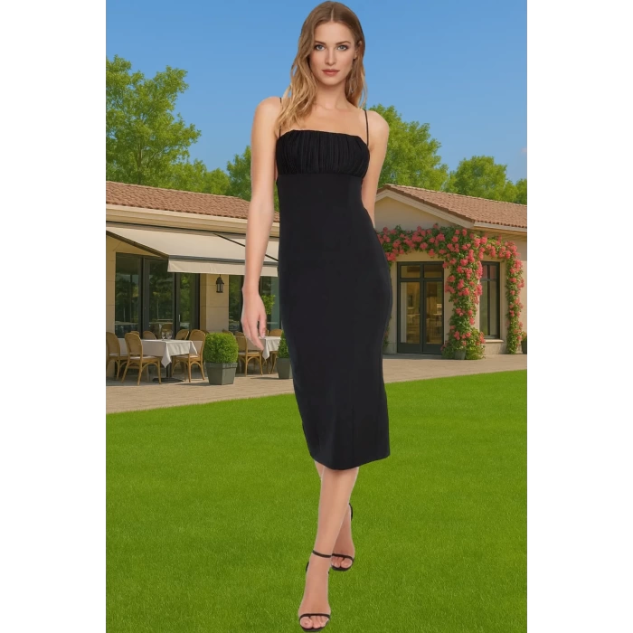 Feminen Bodycon Midi Abiye Elbise Polyester Elastan Kumaş Yazlık Seçkin Malzeme Premium Kalite