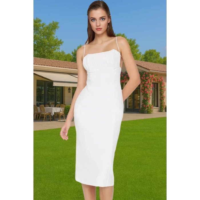 Feminen Bodycon Midi Abiye Elbise Polyester Elastan Kumaş Yazlık Seçkin Malzeme Premium Kalite