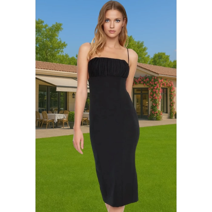 Feminen Bodycon Midi Abiye Elbise Polyester Elastan Kumaş Yazlık Seçkin Malzeme Premium Kalite