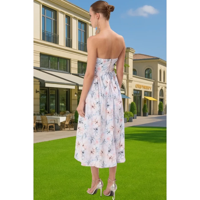 Feminen Çiçekli Poplin Dokuma Midi Astarlı Abiye Elbise Özel Tasarım Dayanıklı Malzeme Modern Stil