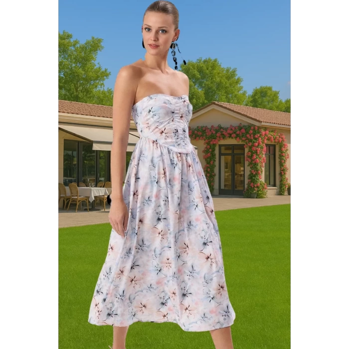 Feminen Çiçekli Poplin Dokuma Midi Astarlı Abiye Elbise Özel Tasarım Dayanıklı Malzeme Modern Stil