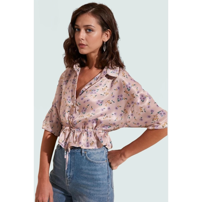 Feminen Dokuma Saten Bluz; Günlük Crop Çiçek Desenli; Gömlek Yaka Profesyonel Görünüm