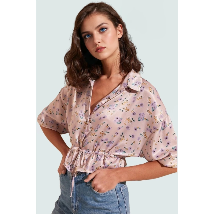Feminen Dokuma Saten Bluz; Günlük Crop Çiçek Desenli; Gömlek Yaka Profesyonel Görünüm