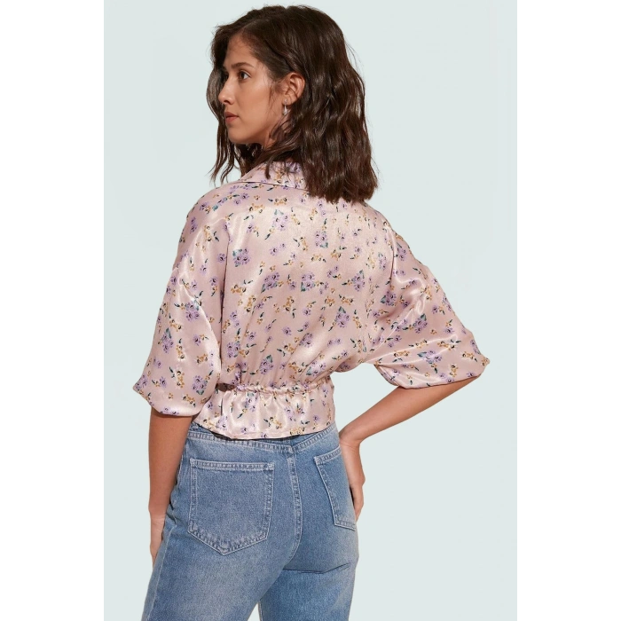 Feminen Dokuma Saten Bluz; Günlük Crop Çiçek Desenli; Gömlek Yaka Profesyonel Görünüm