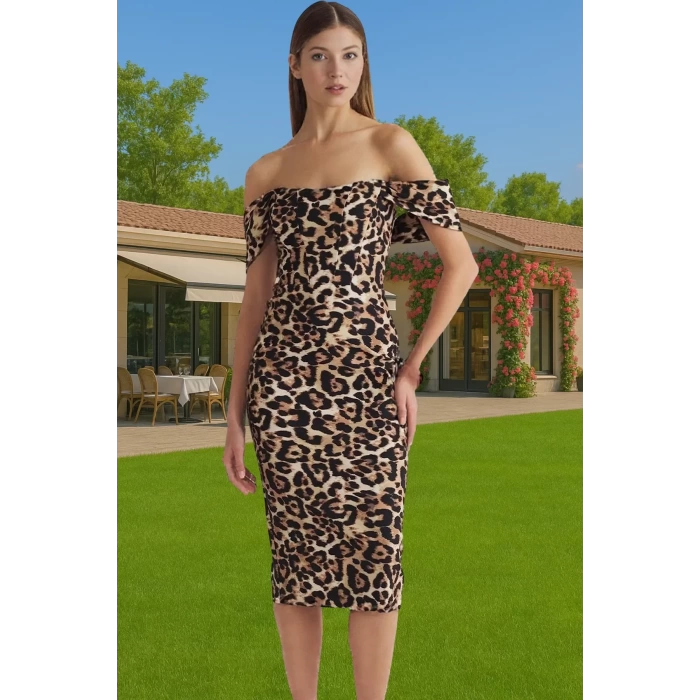 Feminen Leopar Desenli Bodycon Abiye Elbise Polyester Midi Boy Yazlık Günlük Kullanım İçin