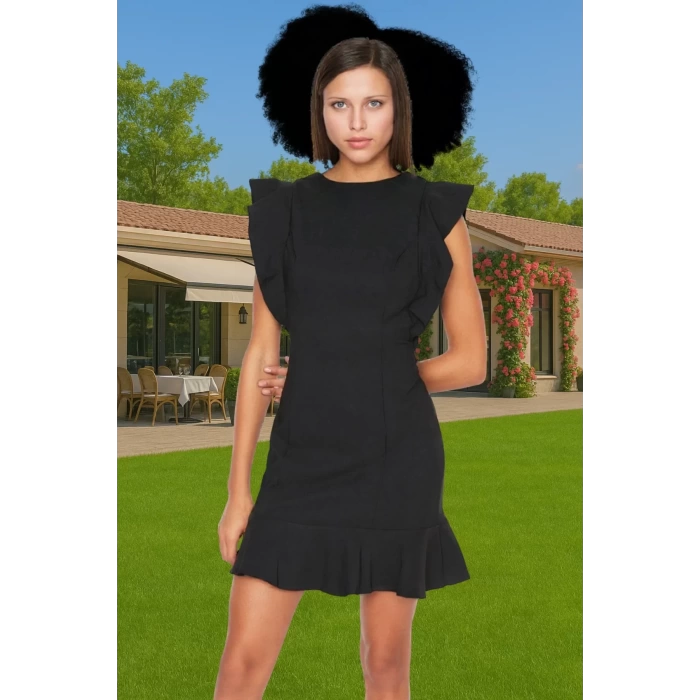 Feminen Mini Elbise Bisiklet Yaka Fırfır Detaylı Bodycon Polyester Kaliteli İşçilik
