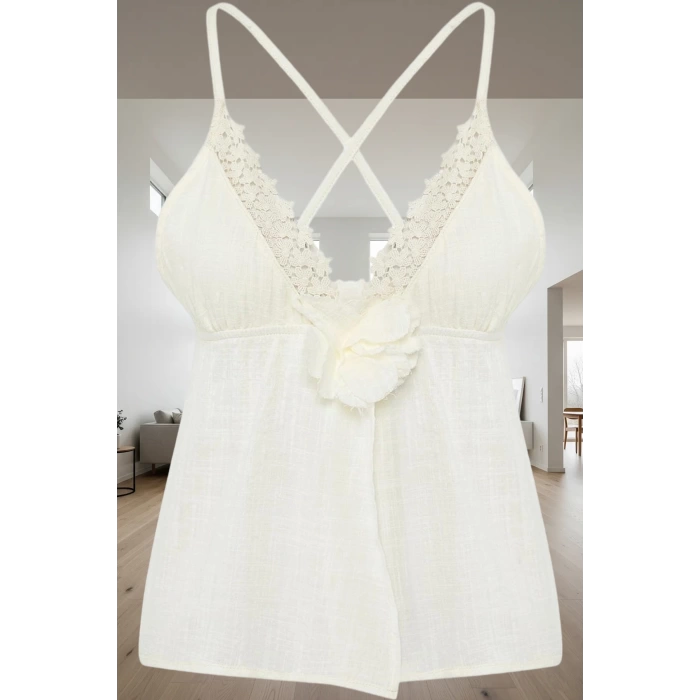 Feminen Pijama Takımı Dantel Detaylı Flamlı Pamuk Dokuma Yazlık Şortlu Modern Stil Rahat Ve Şık