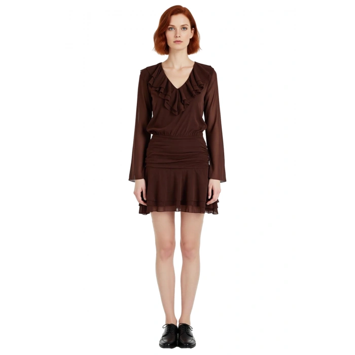 Feminen Skater Kalıp Uzun Kollu V Yaka Volanlı Fırfırlı Ekstra Mini Kadın Elbise Casual Şıklığın