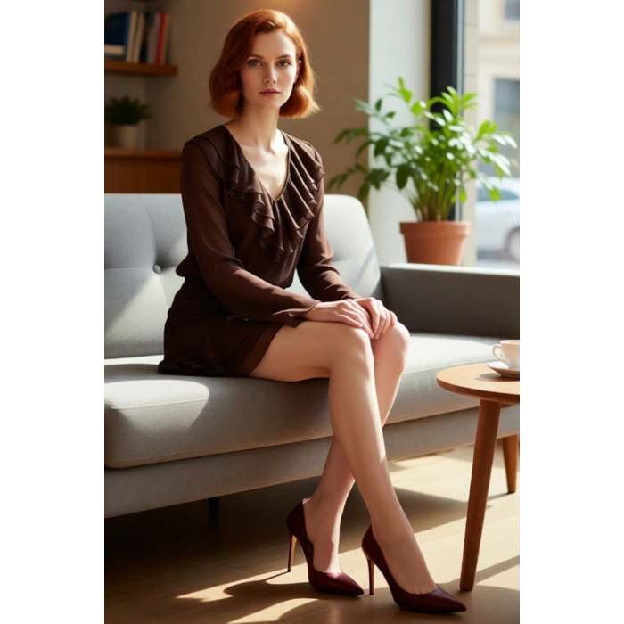 Feminen Skater Kalıp Uzun Kollu V Yaka Volanlı Fırfırlı Ekstra Mini Kadın Elbise Casual Şıklığın