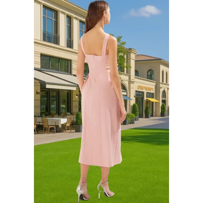 Feminen V Yaka Midi Abiye Elbise Cep Detaylı Dokuma Kumaş Dayanıklı Malzeme Dayanıklı Malzeme
