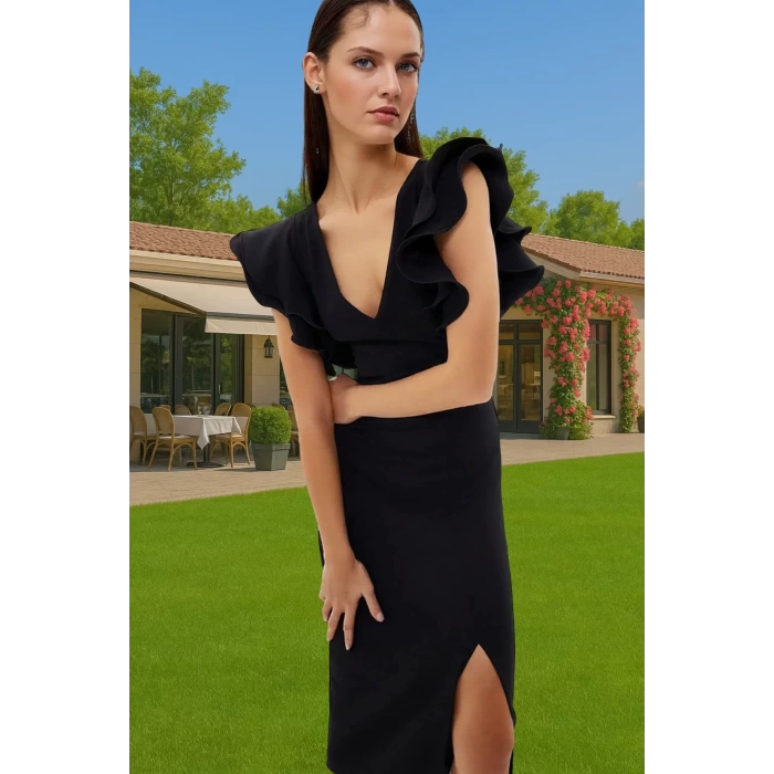 Feminen V Yaka Midi Boy Astarlı Abiye Elbise Rahat Ve Şık Özenle Seçilmiş Uzun Ömürlü Trend Tasarım