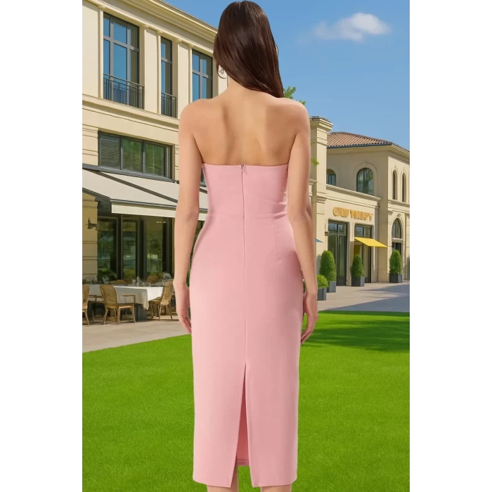 Feminen Vücut Şekillendirici Fiyonklu Straplez Abiye Elbise Şık Görünüm Konforlu Kesim