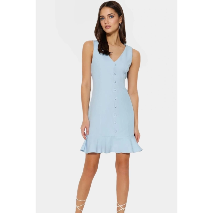 Finike Dokuma Mini Elbise A Line Kesim V Yaka Düğmeli Polyester Karışımlı Modern Stil