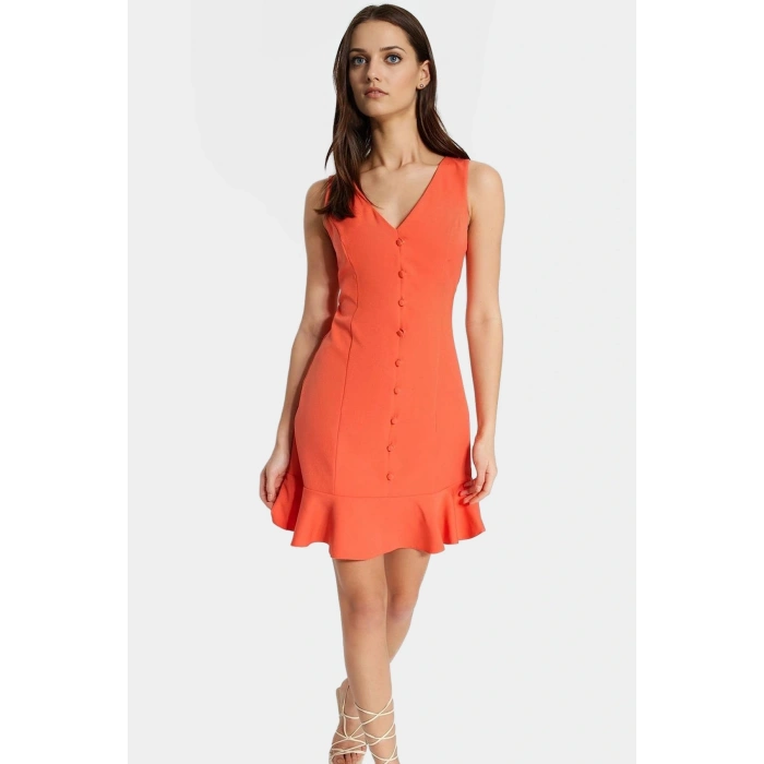 Finike Dokuma Mini Elbise A Line Kesim V Yaka Düğmeli Polyester Karışımlı Modern Stil