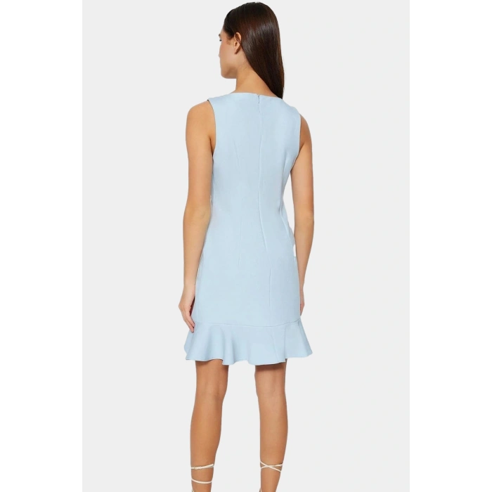 Finike Dokuma Mini Elbise A Line Kesim V Yaka Düğmeli Polyester Karışımlı Modern Stil