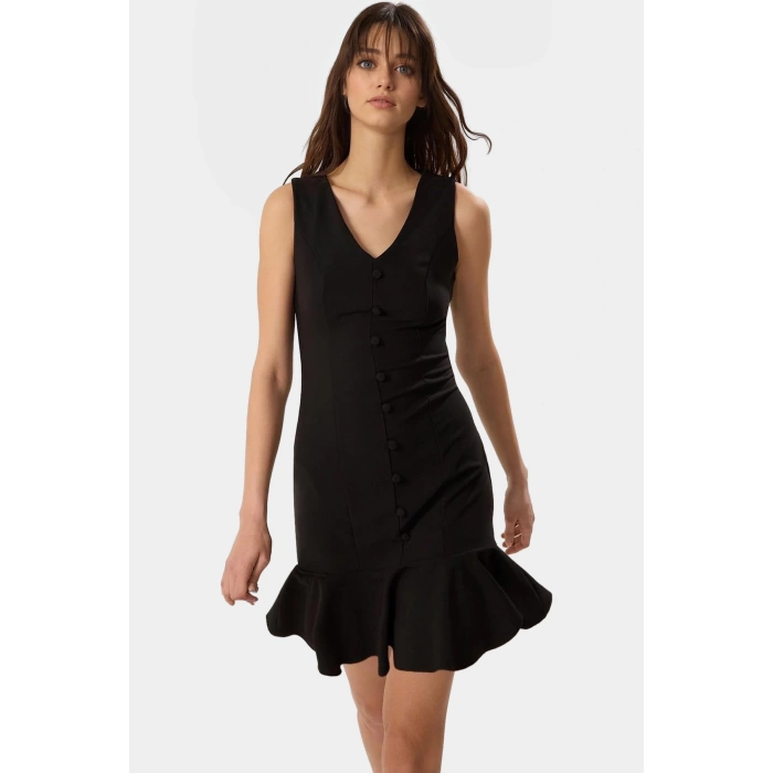 Finike Dokuma Mini Elbise A Line Kesim V Yaka Düğmeli Polyester Karışımlı Modern Stil