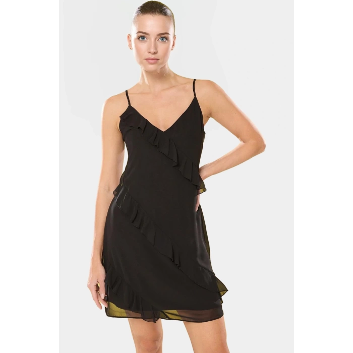 Fırfırlı Detaylı Mini Elbise A Kesim Şifon Polyester Yazlık Trend Tasarım Özel