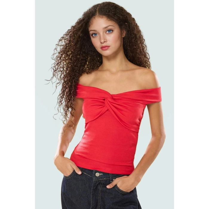 Fitted Crop Bluz Renk Carmen Yaka 97% Viskoz Yazlık Şık Görünüm Uzun Ömürlü