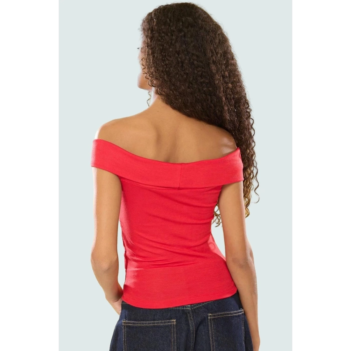 Fitted Crop Bluz Renk Carmen Yaka 97% Viskoz Yazlık Şık Görünüm Uzun Ömürlü