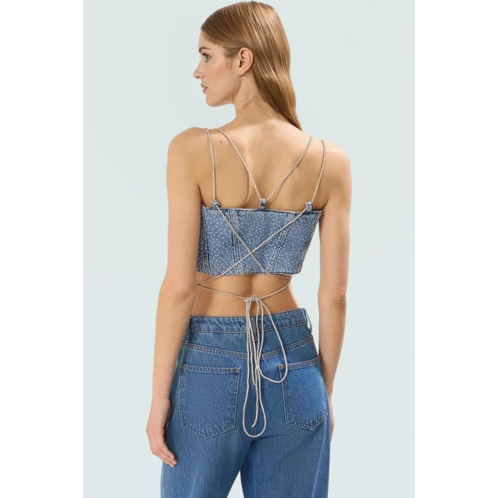 Fitted Denim Straplez Bluz %100 Pamuk Yazlık Tasarım Şık Görünüm Konforlu Kesim Özenle Seçilmiş