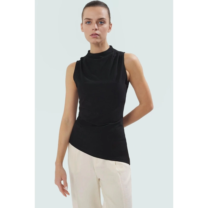 Fitted Dik Yaka Bluz Polyester Örme Kumaş Asimetrik Kısa Kollu Özenle Seçilmiş