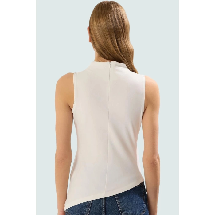 Fitted Dik Yaka Bluz Polyester Örme Kumaş Asimetrik Kısa Kollu Özenle Seçilmiş