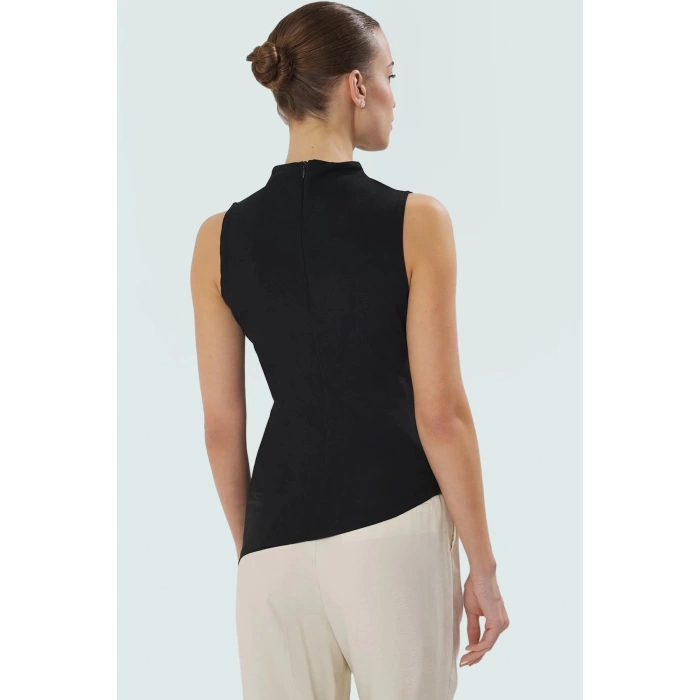 Fitted Dik Yaka Bluz Polyester Örme Kumaş Asimetrik Kısa Kollu Özenle Seçilmiş