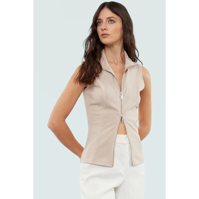Fitted Dik Yaka Fermuarlı Yazlık Örme Bluz Modern Stil Seçkin Malzeme Zarifane Tasarım