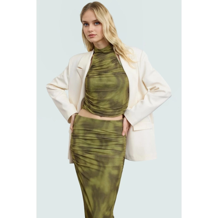 Fitted Halter Yaka Tül Bluz Crop Polyester Yazlık Dayanıklı Malzeme Özel Tasarım