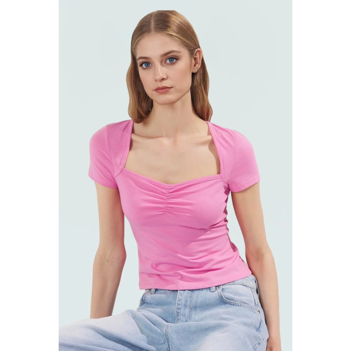 Fitted Kalıp Kısa Kollu Bluz Likralı Penye Yazlık Trend Tasarım Uzun Ömürlü Şık Görünüm