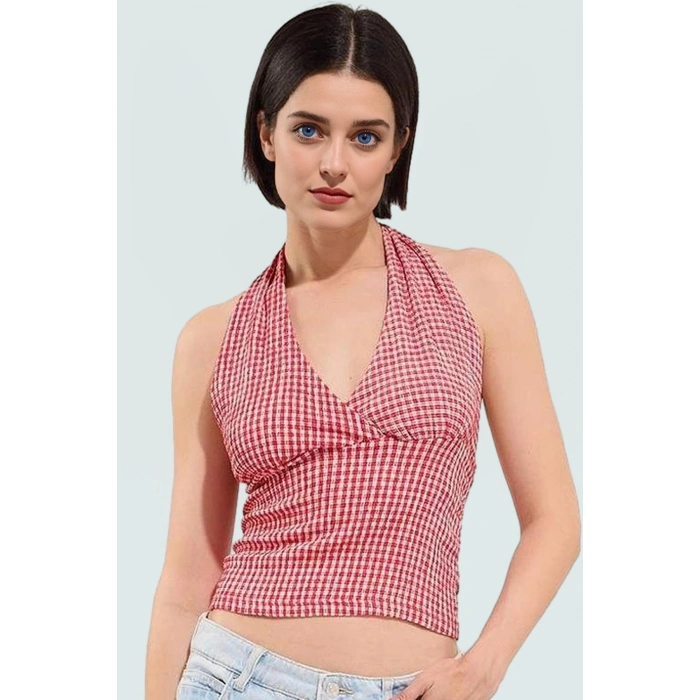 Fitted Örme Bluz Boyundan Bağlamalı Kareli Yazlık Rahat Trend Tasarım Mükemmel Uyum