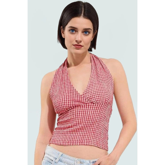 Fitted Örme Bluz Boyundan Bağlamalı Kareli Yazlık Rahat Trend Tasarım Mükemmel Uyum