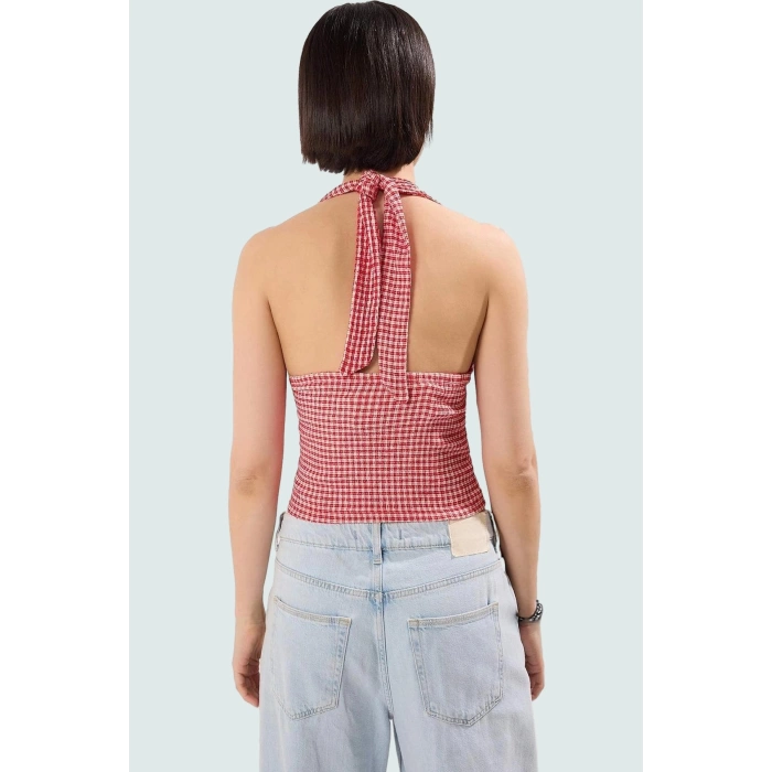 Fitted Örme Bluz Boyundan Bağlamalı Kareli Yazlık Rahat Trend Tasarım Mükemmel Uyum
