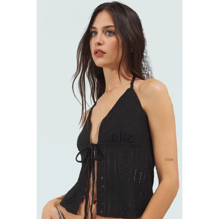 Fitted Örme Bluz Kolsuz Jakarlı Boyundan Bağlamalı Yazlık Konforlu Kesim Profesyonel Görünüm