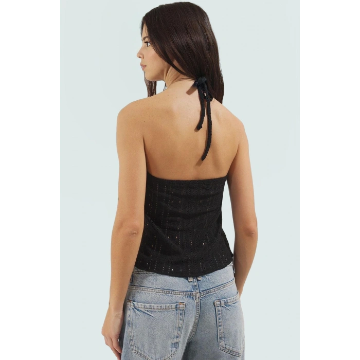 Fitted Örme Bluz Kolsuz Jakarlı Boyundan Bağlamalı Yazlık Konforlu Kesim Profesyonel Görünüm