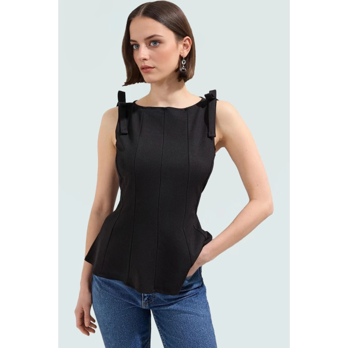 Fitted Peplum Bluz Kolsuz Bisiklet Yaka Örme Yazlık Seçkin Malzeme Yüksek Kalite