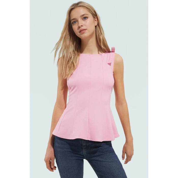 Fitted Peplum Bluz Kolsuz Bisiklet Yaka Örme Yazlık Seçkin Malzeme Yüksek Kalite