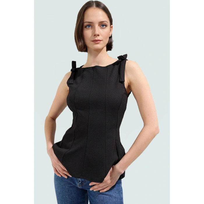 Fitted Peplum Bluz Kolsuz Bisiklet Yaka Örme Yazlık Seçkin Malzeme Yüksek Kalite