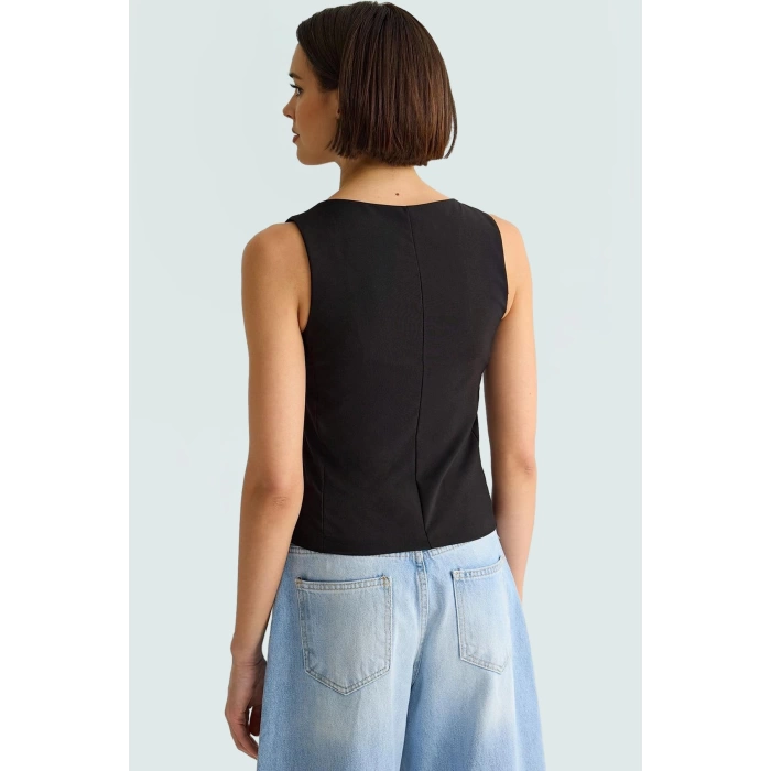 Fitted Poliviskon Bluz Bisiklet Yaka Kolsuz Crop Günlük Tarz Kullanım İçin