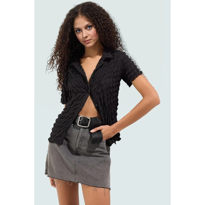 Fitted Polo Yaka Kısa Kollu Gofre Örme Bluz Yazlık Casual Kombinler İçin Konforlu Kesim